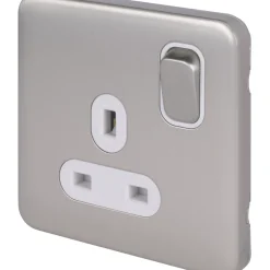 Schneider Electric Lisse Deco 13A 1-Gang DP Switched Plug Socket Brushed Stainless Steel With White Inserts