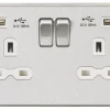 Knightsbridge CS9224BCW 13A 2-Gang SP Switched Socket + 2.4A 2-Outlet Type A USB Charger Brushed Chrome With White Inserts 1 Knightsbridge CS9224BCW 13A 2-Gang SP Switched Socket + 2.4A 2-Outlet Type A USB Charger Brushed Chrome With White Inserts -British General Shop 695TY P