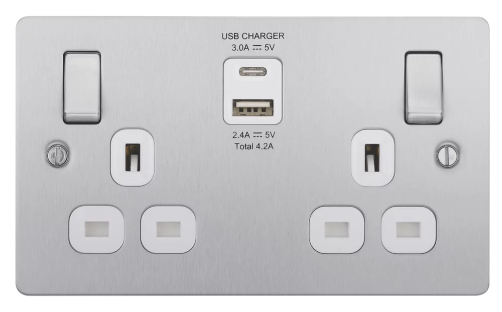 LAP 13A 2-Gang SP Switched Socket + 4.2A 2-Outlet Type A & C USB Charger Brushed Stainless Steel With White Inserts 4 LAP 13A 2-Gang SP Switched Socket + 4.2A 2-Outlet Type A & C USB Charger Brushed Stainless Steel With White Inserts - Image 2