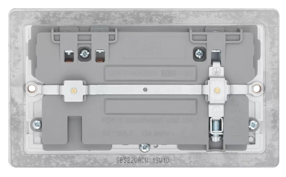 LAP 13A 2-Gang SP Switched Socket + 4.2A 2-Outlet Type A & C USB Charger Brushed Stainless Steel With White Inserts 6 LAP 13A 2-Gang SP Switched Socket + 4.2A 2-Outlet Type A & C USB Charger Brushed Stainless Steel With White Inserts - Image 4
