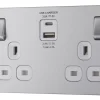 LAP 13A 2-Gang SP Switched Socket + 4.2A 2-Outlet Type A & C USB Charger Brushed Stainless Steel With White Inserts