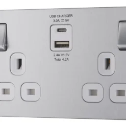 LAP 13A 2-Gang SP Switched Socket + 4.2A 2-Outlet Type A & C USB Charger Brushed Stainless Steel With White Inserts