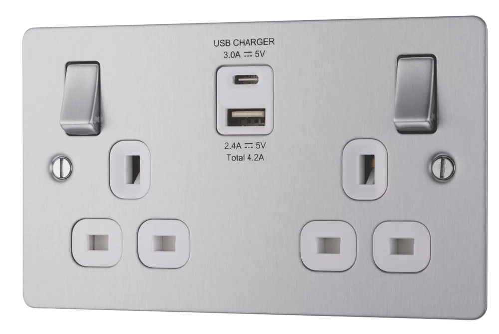 LAP 13A 2-Gang SP Switched Socket + 4.2A 2-Outlet Type A & C USB Charger Brushed Stainless Steel With White Inserts 3 LAP 13A 2-Gang SP Switched Socket + 4.2A 2-Outlet Type A & C USB Charger Brushed Stainless Steel With White Inserts