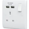 British General 800 Series 13A 1-Gang SP Switched Socket + 2.1A 2-Outlet Type A USB Charger White