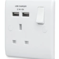 British General 800 Series 13A 1-Gang SP Switched Socket + 2.1A 2-Outlet Type A USB Charger White