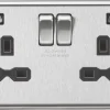 Knightsbridge CL9224BC 13A 2-Gang SP Switched Socket + 2.4A 2-Outlet Type A USB Charger Brushed Chrome With Black Inserts -British General Shop 711TY P
