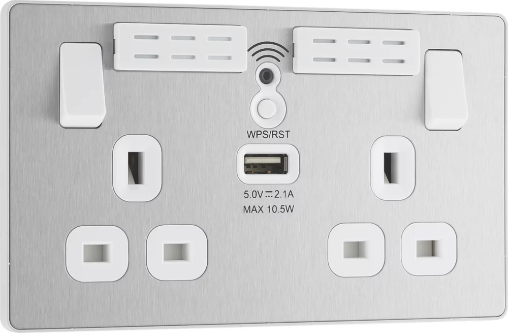 British General Evolve 13A 2-Gang SP Switched Double Socket With WiFi Extender + 2.1A 1-Outlet Type A USB Charger Brushed Steel With White Inserts 4 British General Evolve 13A 2-Gang SP Switched Double Socket With WiFi Extender + 2.1A 1-Outlet Type A USB Charger Brushed Steel With White Inserts - Image 2