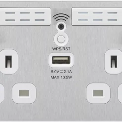 British General Evolve 13A 2-Gang SP Switched Double Socket With WiFi Extender + 2.1A 1-Outlet Type A USB Charger Brushed Steel With White Inserts 11 British General Evolve 13A 2-Gang SP Switched Double Socket With WiFi Extender + 2.1A 1-Outlet Type A USB Charger Brushed Steel With White Inserts -British General Shop 713RF A2