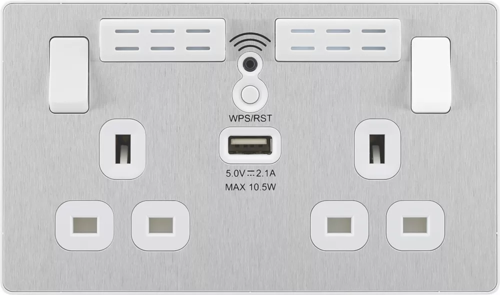 British General Evolve 13A 2-Gang SP Switched Double Socket With WiFi Extender + 2.1A 1-Outlet Type A USB Charger Brushed Steel With White Inserts 5 British General Evolve 13A 2-Gang SP Switched Double Socket With WiFi Extender + 2.1A 1-Outlet Type A USB Charger Brushed Steel With White Inserts - Image 3