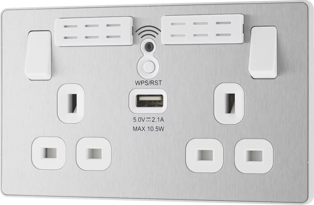 British General Evolve 13A 2-Gang SP Switched Double Socket With WiFi Extender + 2.1A 1-Outlet Type A USB Charger Brushed Steel With White Inserts 6 British General Evolve 13A 2-Gang SP Switched Double Socket With WiFi Extender + 2.1A 1-Outlet Type A USB Charger Brushed Steel With White Inserts - Image 4