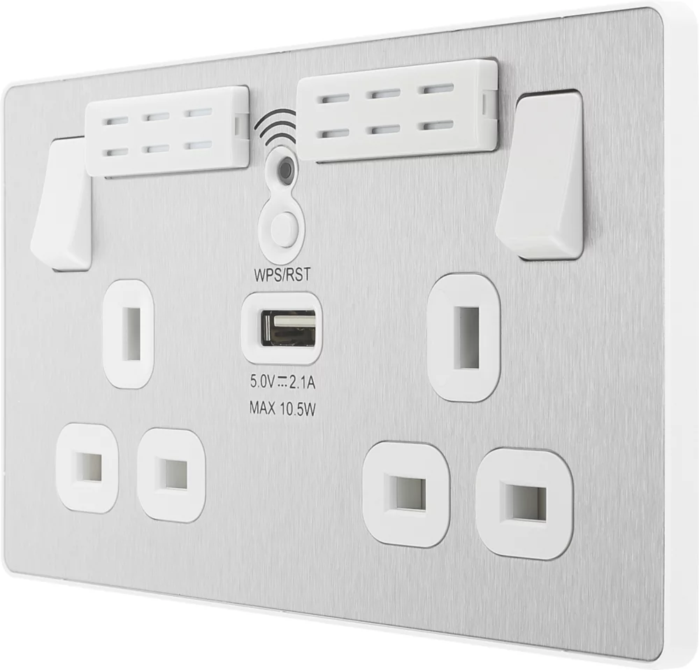 British General Evolve 13A 2-Gang SP Switched Double Socket With WiFi Extender + 2.1A 1-Outlet Type A USB Charger Brushed Steel With White Inserts 3 British General Evolve 13A 2-Gang SP Switched Double Socket With WiFi Extender + 2.1A 1-Outlet Type A USB Charger Brushed Steel With White Inserts