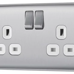 British General Nexus Metal 13A 2-Gang SP Switched Power Socket Brushed Steel With White Inserts
