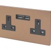 Varilight 13AX 2-Gang Unswitched Socket + 2.1A 2-Outlet Type A USB Charger Brushed Bronze With Black Inserts