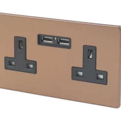Varilight 13AX 2-Gang Unswitched Socket + 2.1A 2-Outlet Type A USB Charger Brushed Bronze With Black Inserts