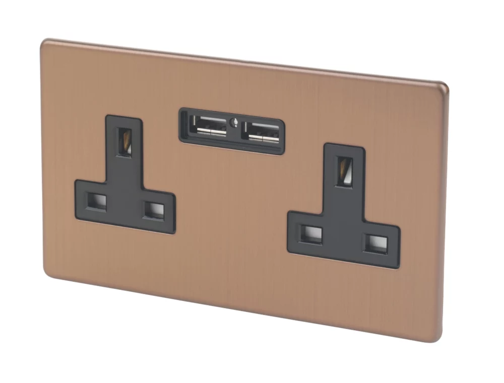 Varilight 13AX 2-Gang Unswitched Socket + 2.1A 2-Outlet Type A USB Charger Brushed Bronze With Black Inserts 3 Varilight 13AX 2-Gang Unswitched Socket + 2.1A 2-Outlet Type A USB Charger Brushed Bronze With Black Inserts