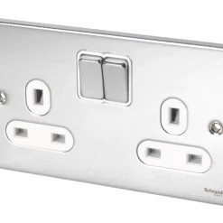 Schneider Electric Ultimate Low Profile 13A 2-Gang SP Switched Plug Socket Polished Chrome With White Inserts