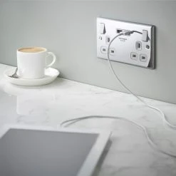 LAP 13A 2-Gang SP Switched Socket + 3.1A 2-Outlet Type A USB Charger Polished Chrome With White Inserts -British General Shop 7312P A4