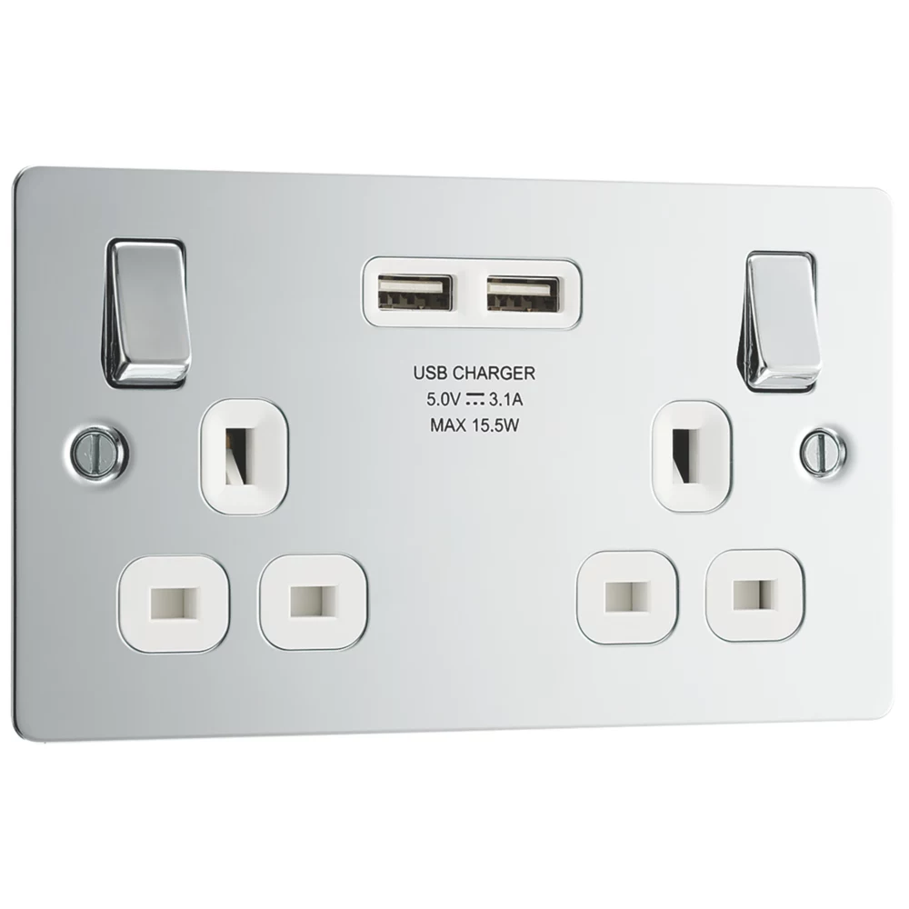 LAP 13A 2-Gang SP Switched Socket + 3.1A 2-Outlet Type A USB Charger Polished Chrome With White Inserts 4 LAP 13A 2-Gang SP Switched Socket + 3.1A 2-Outlet Type A USB Charger Polished Chrome With White Inserts - Image 2