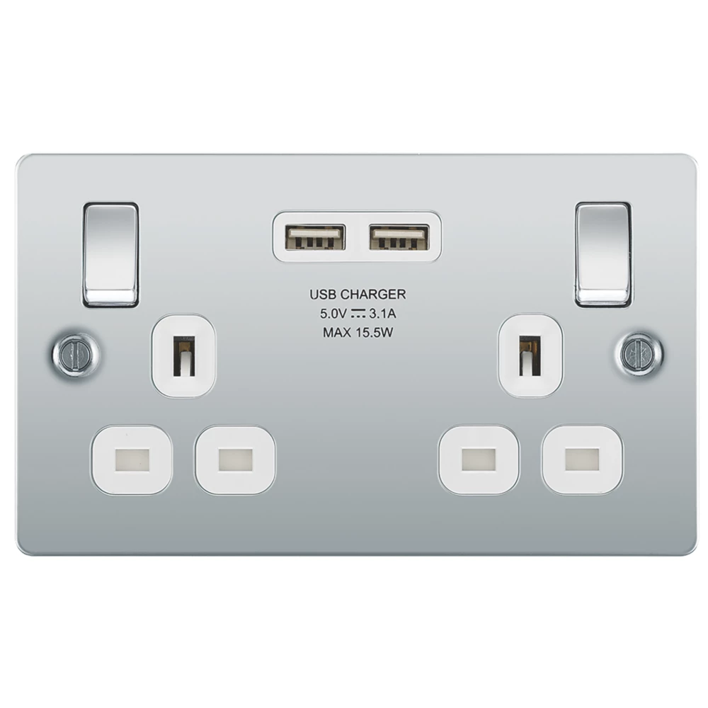 LAP 13A 2-Gang SP Switched Socket + 3.1A 2-Outlet Type A USB Charger Polished Chrome With White Inserts 5 LAP 13A 2-Gang SP Switched Socket + 3.1A 2-Outlet Type A USB Charger Polished Chrome With White Inserts - Image 3