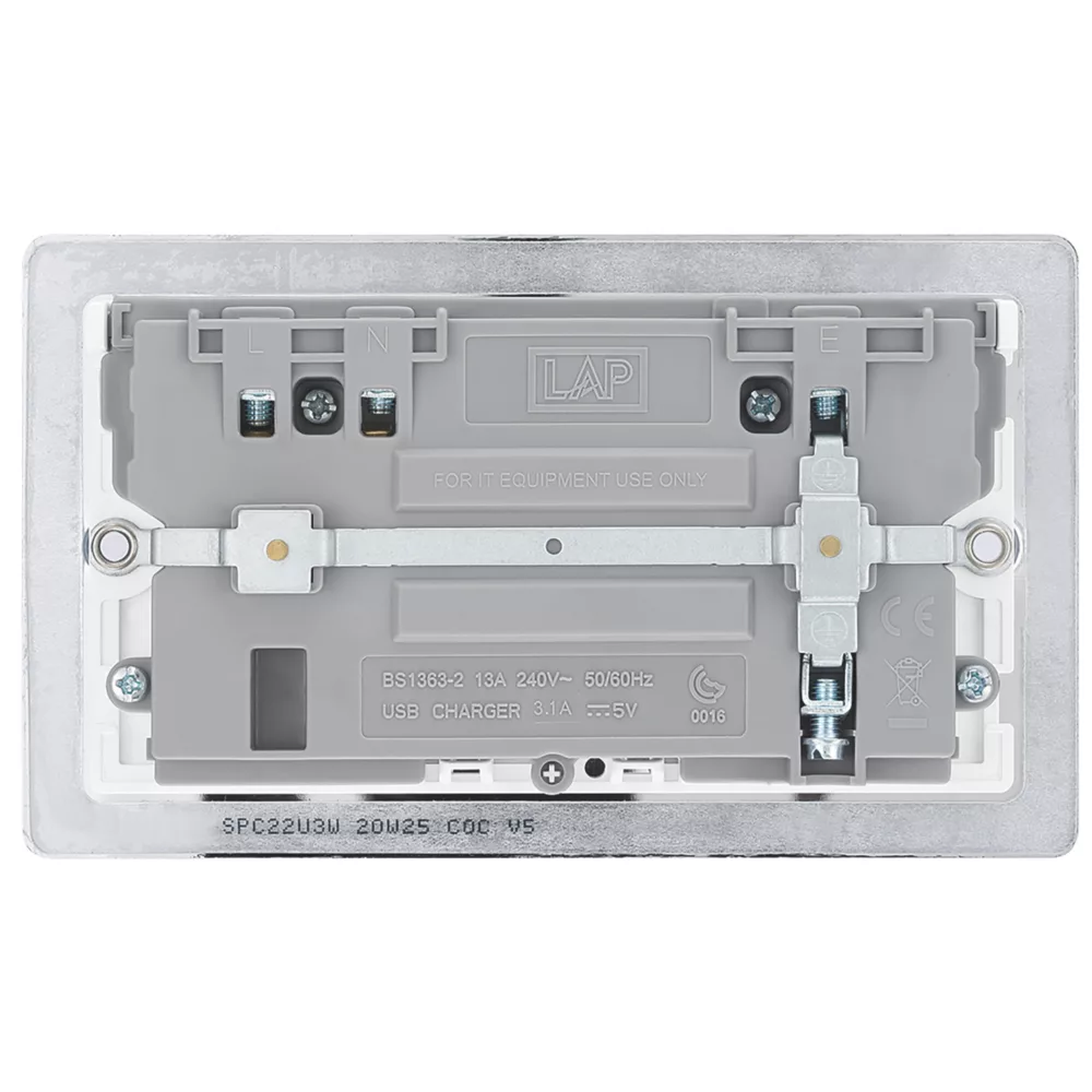 LAP 13A 2-Gang SP Switched Socket + 3.1A 2-Outlet Type A USB Charger Polished Chrome With White Inserts 6 LAP 13A 2-Gang SP Switched Socket + 3.1A 2-Outlet Type A USB Charger Polished Chrome With White Inserts - Image 4