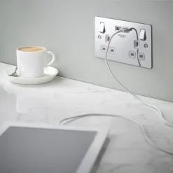 LAP 13A 2-Gang SP Switched Socket + 3.1A 2-Outlet Type A USB Charger Polished Chrome With White Inserts 13 LAP 13A 2-Gang SP Switched Socket + 3.1A 2-Outlet Type A USB Charger Polished Chrome With White Inserts -British General Shop 7325P A5