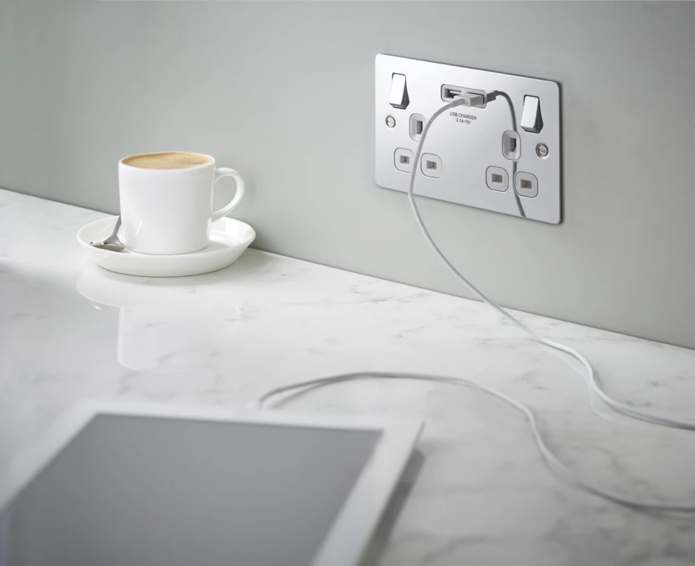 LAP 13A 2-Gang SP Switched Socket + 3.1A 2-Outlet Type A USB Charger Polished Chrome With White Inserts 8 LAP 13A 2-Gang SP Switched Socket + 3.1A 2-Outlet Type A USB Charger Polished Chrome With White Inserts - Image 6