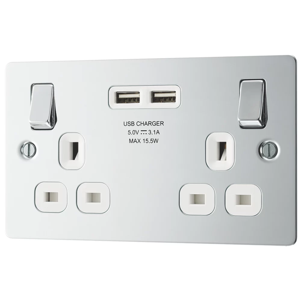 LAP 13A 2-Gang SP Switched Socket + 3.1A 2-Outlet Type A USB Charger Polished Chrome With White Inserts 3 LAP 13A 2-Gang SP Switched Socket + 3.1A 2-Outlet Type A USB Charger Polished Chrome With White Inserts