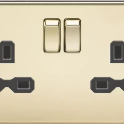 Knightsbridge SFR9000PB 13A 2-Gang DP Switched Double Socket Polished Brass With Black Inserts