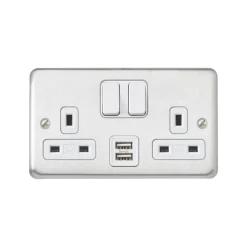 MK Contoura 13A 2-Gang DP Switched Socket + 2A 2-Outlet Type A USB Charger Brushed Stainless Steel With White Inserts 5 MK Contoura 13A 2-Gang DP Switched Socket + 2A 2-Outlet Type A USB Charger Brushed Stainless Steel With White Inserts -British General Shop 738RG A1