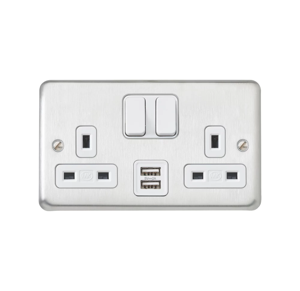 MK Contoura 13A 2-Gang DP Switched Socket + 2A 2-Outlet Type A USB Charger Brushed Stainless Steel With White Inserts 4 MK Contoura 13A 2-Gang DP Switched Socket + 2A 2-Outlet Type A USB Charger Brushed Stainless Steel With White Inserts - Image 2