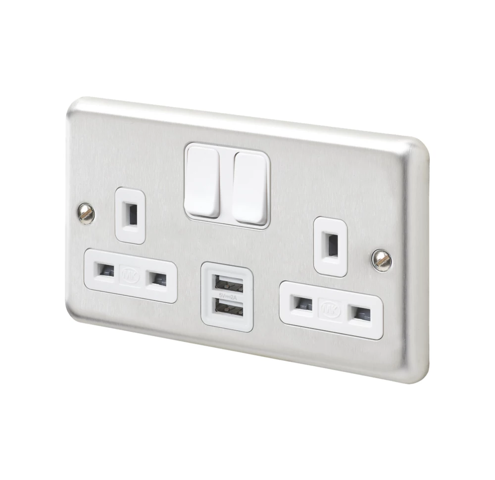 MK Contoura 13A 2-Gang DP Switched Socket + 2A 2-Outlet Type A USB Charger Brushed Stainless Steel With White Inserts 3 MK Contoura 13A 2-Gang DP Switched Socket + 2A 2-Outlet Type A USB Charger Brushed Stainless Steel With White Inserts