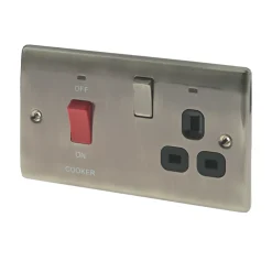 British General Nexus Metal 45A 1-Gang DP Cooker Switch & 13A DP Switched Socket Brushed Iridium With LED With Black Inserts