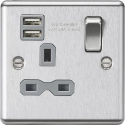 Knightsbridge CL9124BCG 13A 1-Gang SP Switched Socket + 2.4A 2-Outlet Type A USB Charger Brushed Chrome With Colour-Matched Inserts
