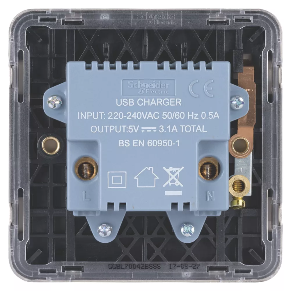 Schneider Electric Lisse Deco 3.1A 2-Outlet Type A USB Socket Brushed Stainless Steel With Black Inserts 6 Schneider Electric Lisse Deco 3.1A 2-Outlet Type A USB Socket Brushed Stainless Steel With Black Inserts - Image 4