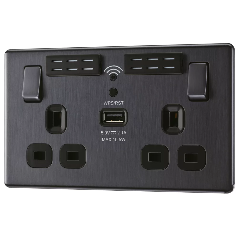 LAP 13A 2-Gang SP Switched Wi-Fi Extender Socket + 2.1A 1-Outlet Type A USB Charger Slate-Effect With Black Inserts 3 LAP 13A 2-Gang SP Switched Wi-Fi Extender Socket + 2.1A 1-Outlet Type A USB Charger Slate-Effect With Black Inserts