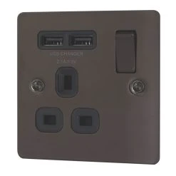 LAP 13A 1-Gang SP Switched Socket + 2.1A 2-Outlet Type A USB Charger Black Nickel With Black Inserts