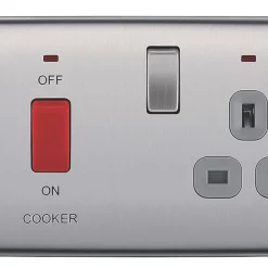 British General Nexus Metal 45A 2-Gang DP Cooker Switch & 13A DP Switched Socket Brushed Steel With LED With Graphite Inserts -British General Shop 74857 A1