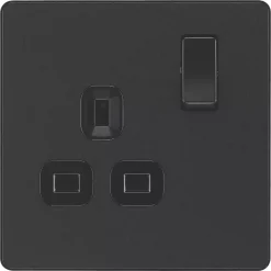 British General Evolve 13A 1-Gang SP Switched Socket Matt Black With Black Inserts -British General Shop 753RF A2