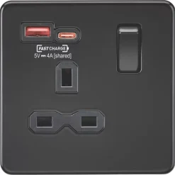 Knightsbridge SFR9919MBB 13A 1-Gang SP Switched Socket + 4.0A 2-Outlet Type A & C USB Charger Matt Black With Black Inserts