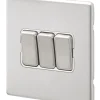 MK Aspect 10AX 3-Gang 2-Way Switch Brushed Stainless Steel With White Inserts -British General Shop 760FF P