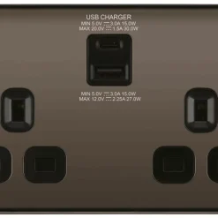 British General Nexus 13A 2-Gang SP Switched Socket + 3A 2-Outlet Type A & C USB Charger Black Nickel With Black Inserts