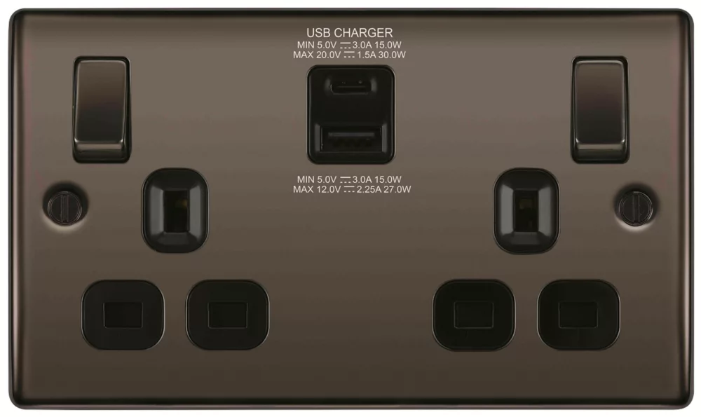 British General Nexus 13A 2-Gang SP Switched Socket + 3A 2-Outlet Type A & C USB Charger Black Nickel With Black Inserts 3 British General Nexus 13A 2-Gang SP Switched Socket + 3A 2-Outlet Type A & C USB Charger Black Nickel With Black Inserts