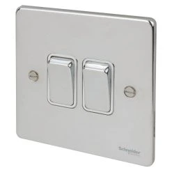 Schneider Electric Ultimate Low Profile 16AX 2-Gang 2-Way Light Switch Polished Chrome With White Inserts