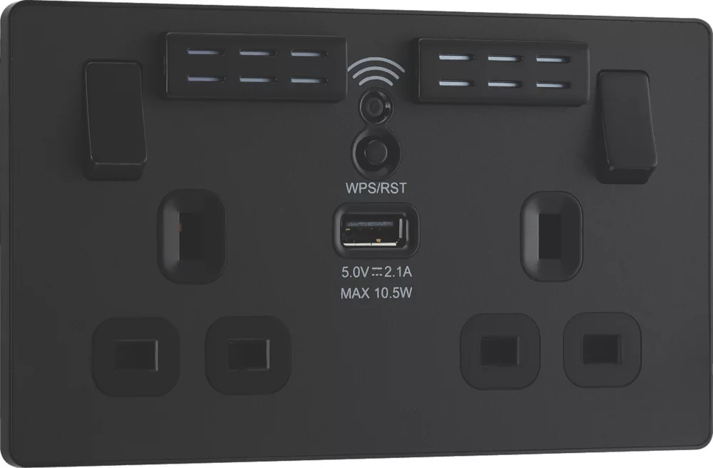 British General Evolve 13A 2-Gang SP Switched Double Socket With WiFi Extender + 2.1A 1-Outlet Type A USB Charger Matt Black With Black Inserts 4 British General Evolve 13A 2-Gang SP Switched Double Socket With WiFi Extender + 2.1A 1-Outlet Type A USB Charger Matt Black With Black Inserts - Image 2