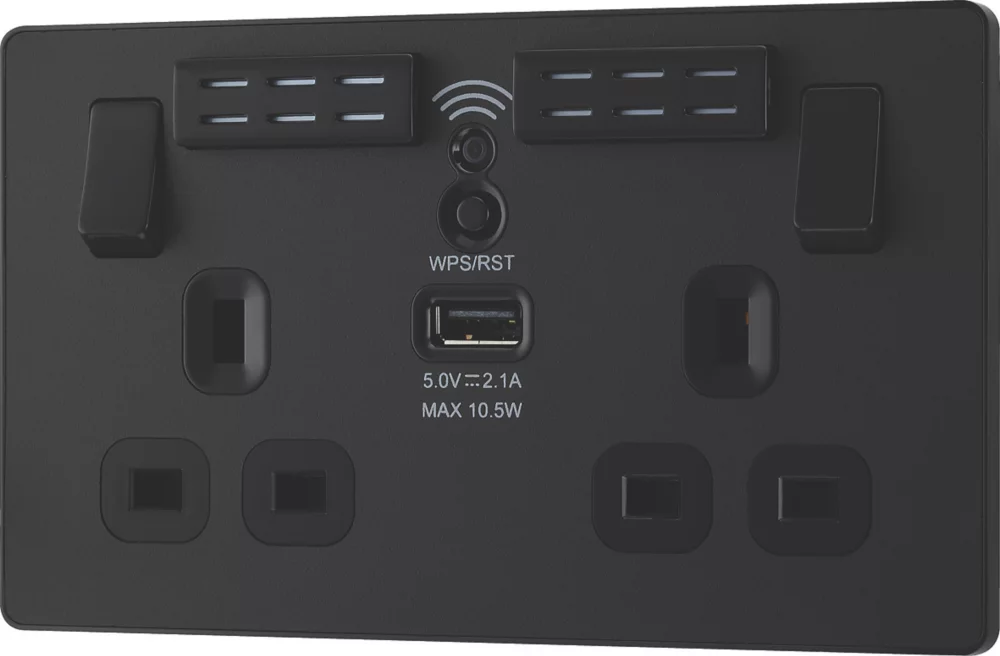 British General Evolve 13A 2-Gang SP Switched Double Socket With WiFi Extender + 2.1A 1-Outlet Type A USB Charger Matt Black With Black Inserts 6 British General Evolve 13A 2-Gang SP Switched Double Socket With WiFi Extender + 2.1A 1-Outlet Type A USB Charger Matt Black With Black Inserts - Image 4