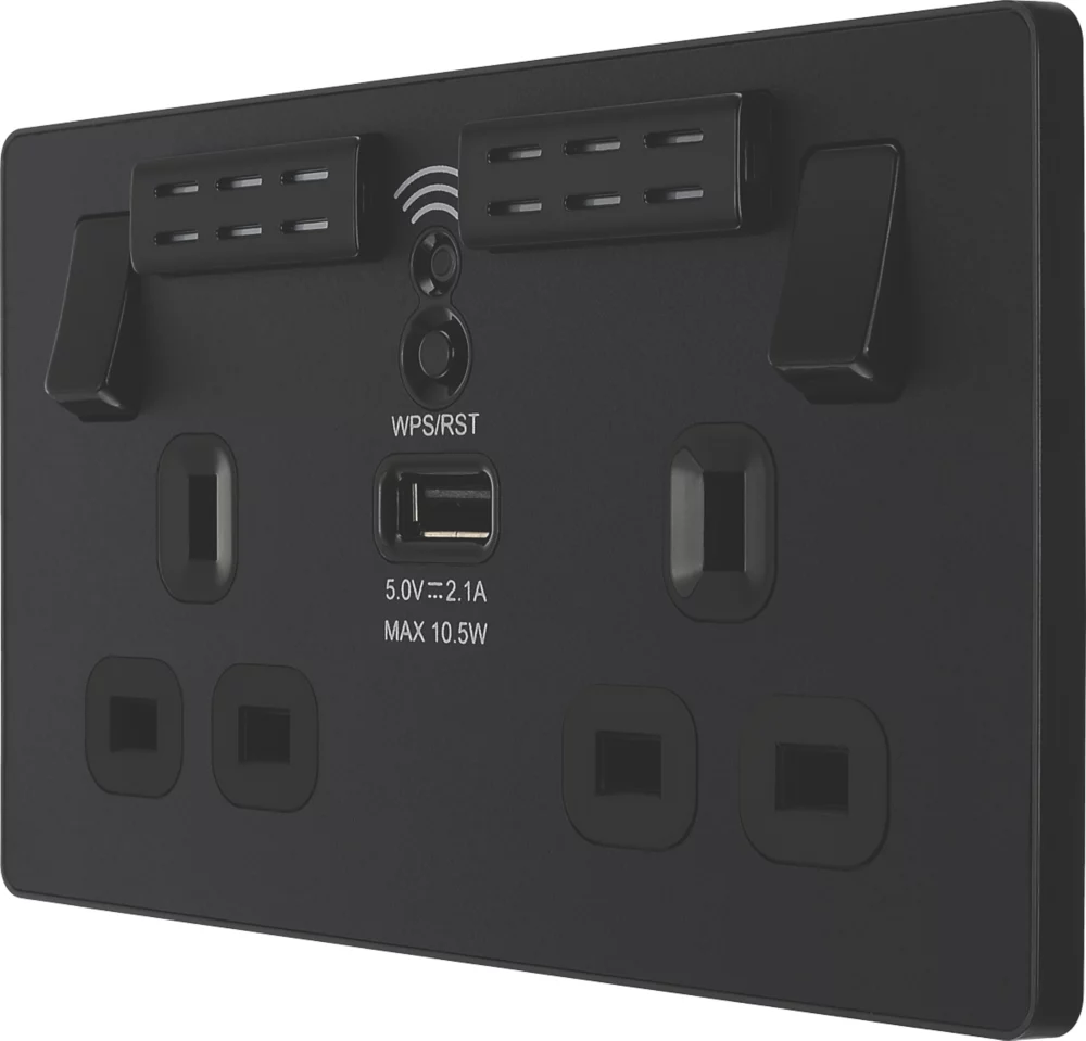 British General Evolve 13A 2-Gang SP Switched Double Socket With WiFi Extender + 2.1A 1-Outlet Type A USB Charger Matt Black With Black Inserts 3 British General Evolve 13A 2-Gang SP Switched Double Socket With WiFi Extender + 2.1A 1-Outlet Type A USB Charger Matt Black With Black Inserts
