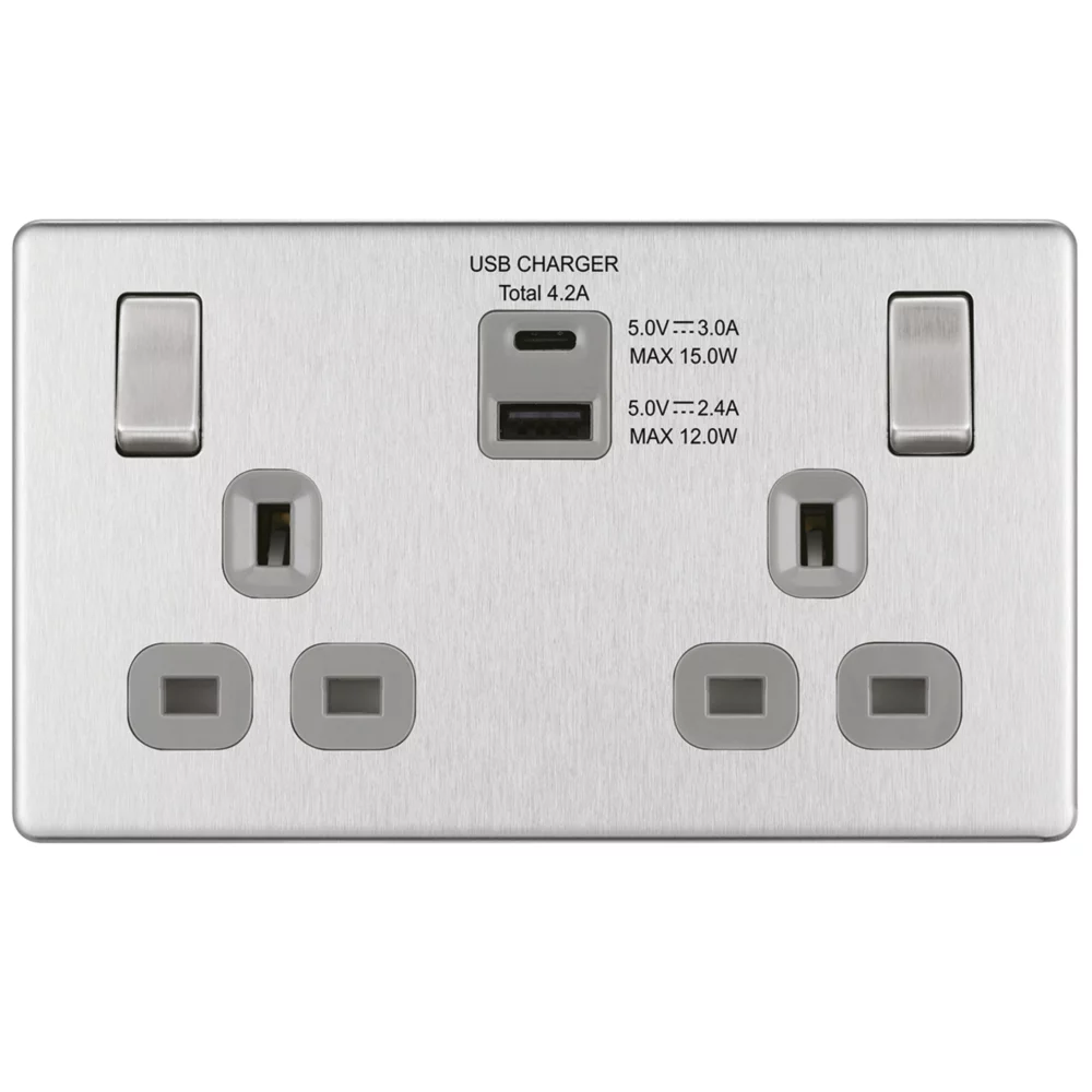 LAP 13A 2-Gang DP Switched Socket + 4.2A 2-Outlet Type A & C USB Charger Brushed Stainless Steel With Graphite Inserts 4 LAP 13A 2-Gang DP Switched Socket + 4.2A 2-Outlet Type A & C USB Charger Brushed Stainless Steel With Graphite Inserts - Image 2