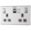 LAP 13A 2-Gang DP Switched Socket + 4.2A 2-Outlet Type A & C USB Charger Brushed Stainless Steel With Graphite Inserts