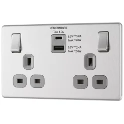 LAP 13A 2-Gang DP Switched Socket + 4.2A 2-Outlet Type A & C USB Charger Brushed Stainless Steel With Graphite Inserts