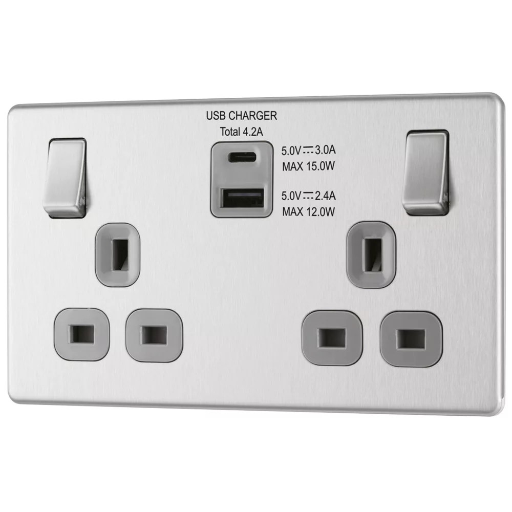 LAP 13A 2-Gang DP Switched Socket + 4.2A 2-Outlet Type A & C USB Charger Brushed Stainless Steel With Graphite Inserts 3 LAP 13A 2-Gang DP Switched Socket + 4.2A 2-Outlet Type A & C USB Charger Brushed Stainless Steel With Graphite Inserts